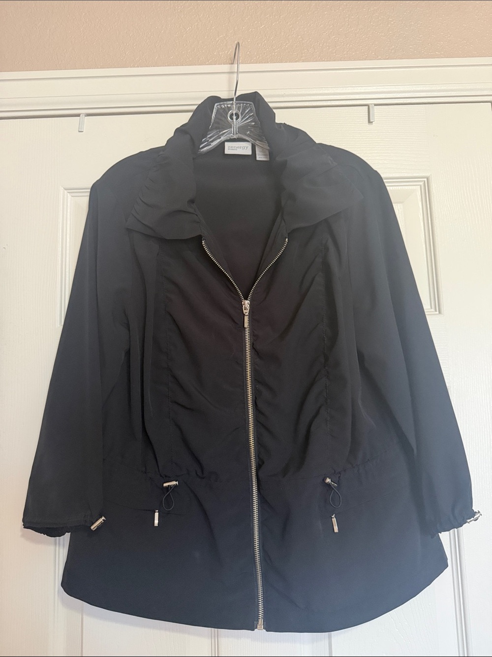 Chico's Black Zip-Front Utility Jacket with Drawcord Waist